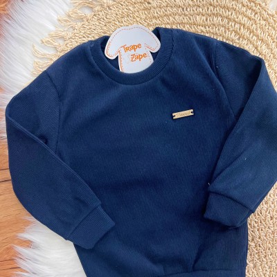 Conj. Blusa Manga Longa em Malha Cotele e Calça de Moletom - Marinho